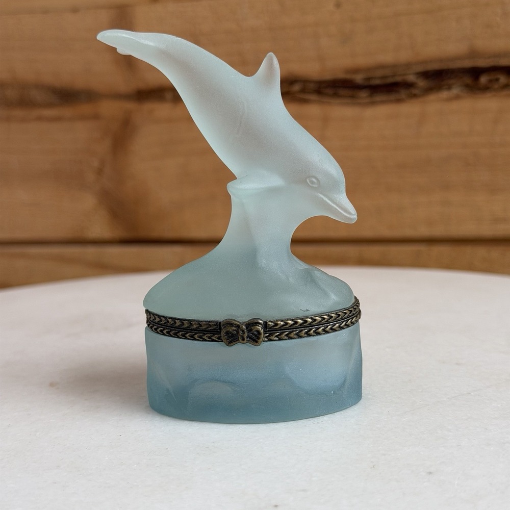 Vtg 90s Frosted Blue Glass Dolphin Mini Trinket Ring Box Girlhoodcore